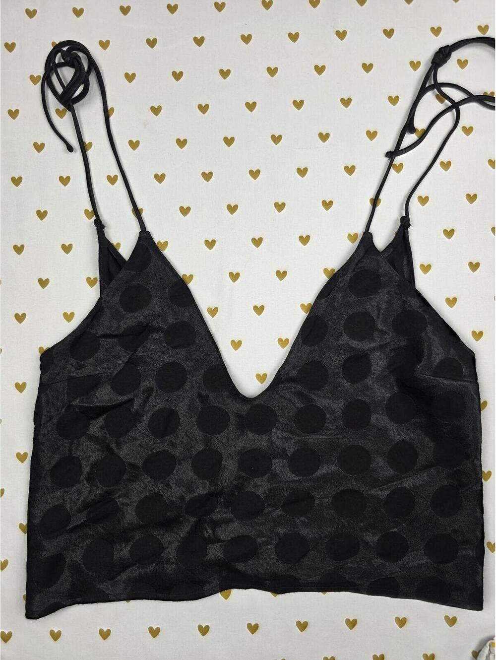 Victorias Secret  Black Satin Polka Dot Tie Tank Top Babydoll XS Cropped